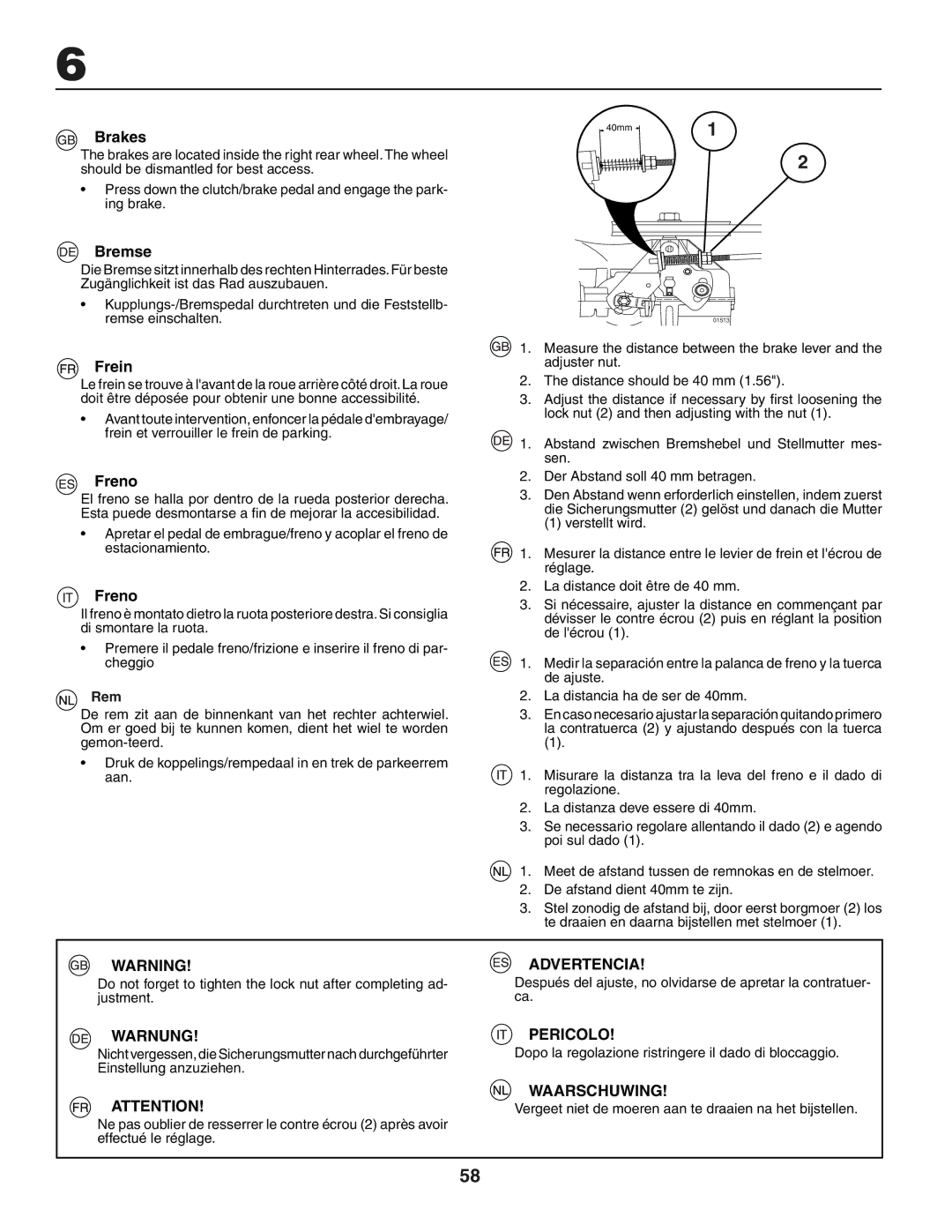 Husqvarna LTH151 instruction manual Brakes, Bremse, Frein, Freno 