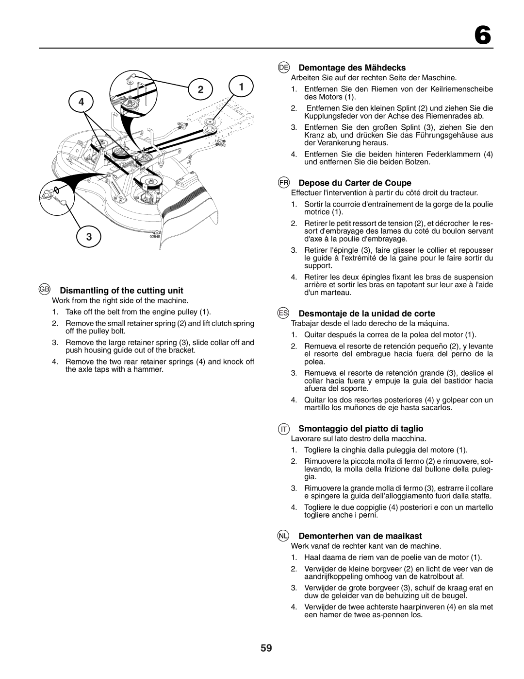 Husqvarna LTH151 instruction manual Dismantling of the cutting unit, Demontage des Mähdecks, Depose du Carter de Coupe 