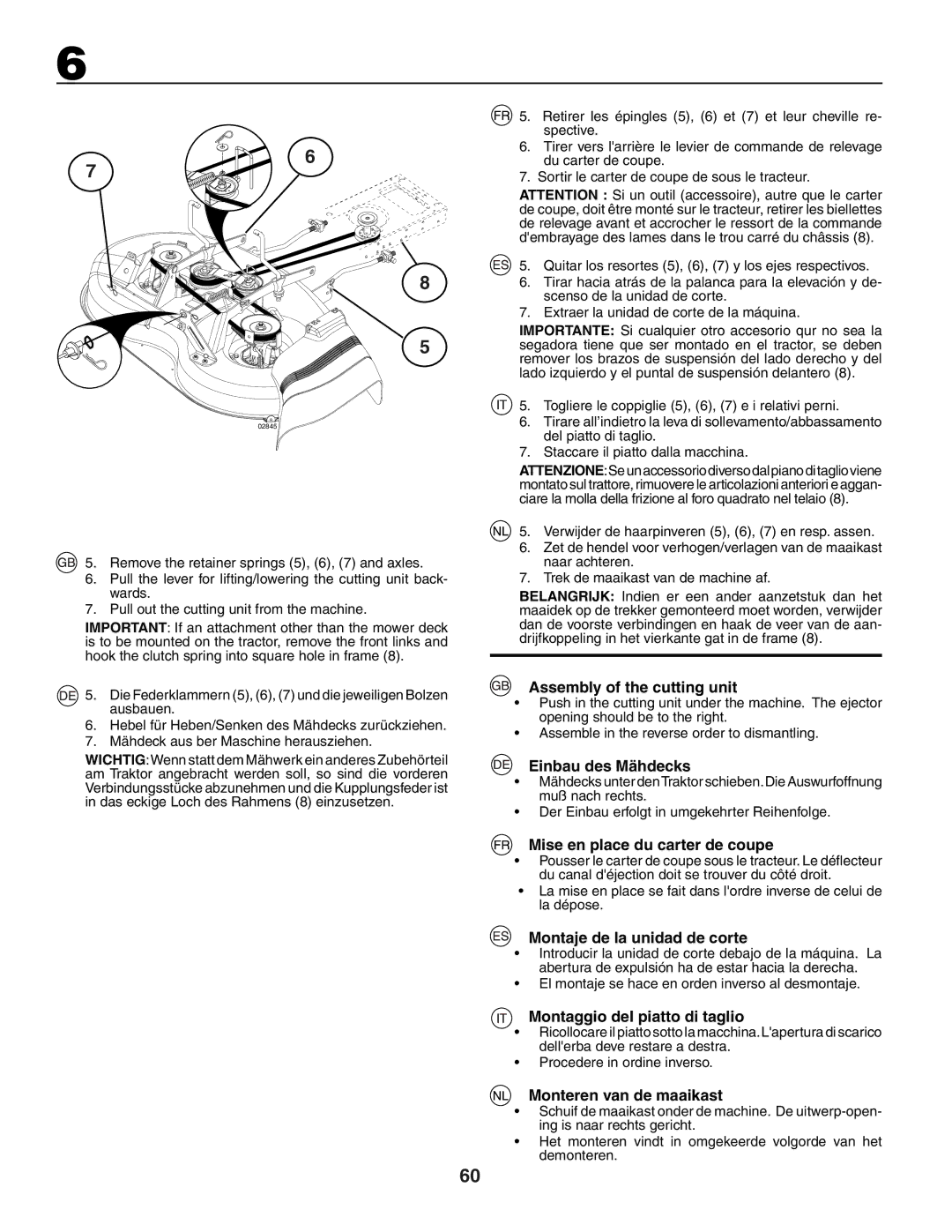 Husqvarna LTH151 instruction manual Assembly of the cutting unit, Einbau des Mähdecks, Mise en place du carter de coupe 