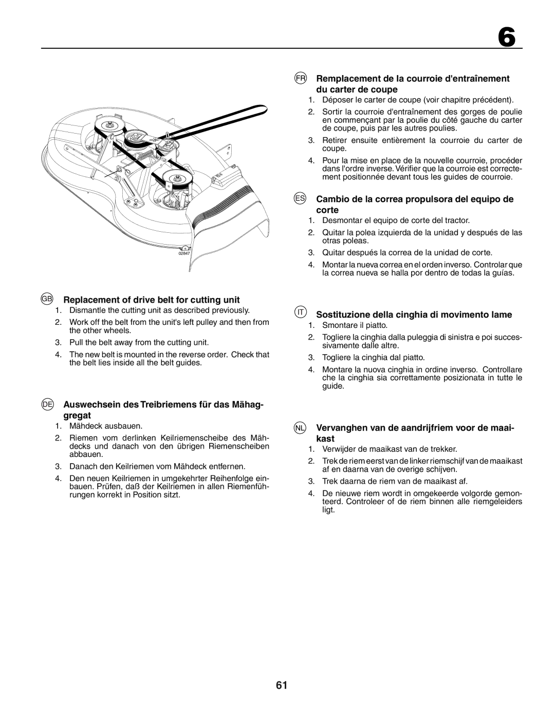 Husqvarna LTH151 Replacement of drive belt for cutting unit, Auswechsein des Treibriemens für das Mähag- gregat 