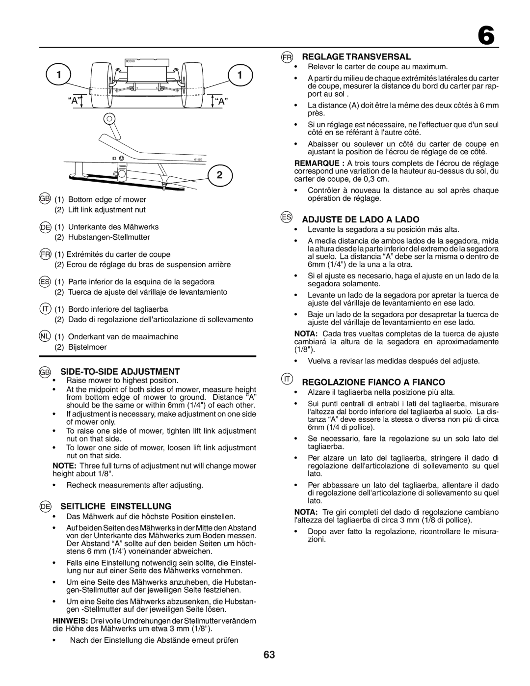 Husqvarna LTH151 SIDE-TO-SIDE Adjustment, Seitliche Einstellung, Reglage Transversal, Adjuste DE Lado a Lado 