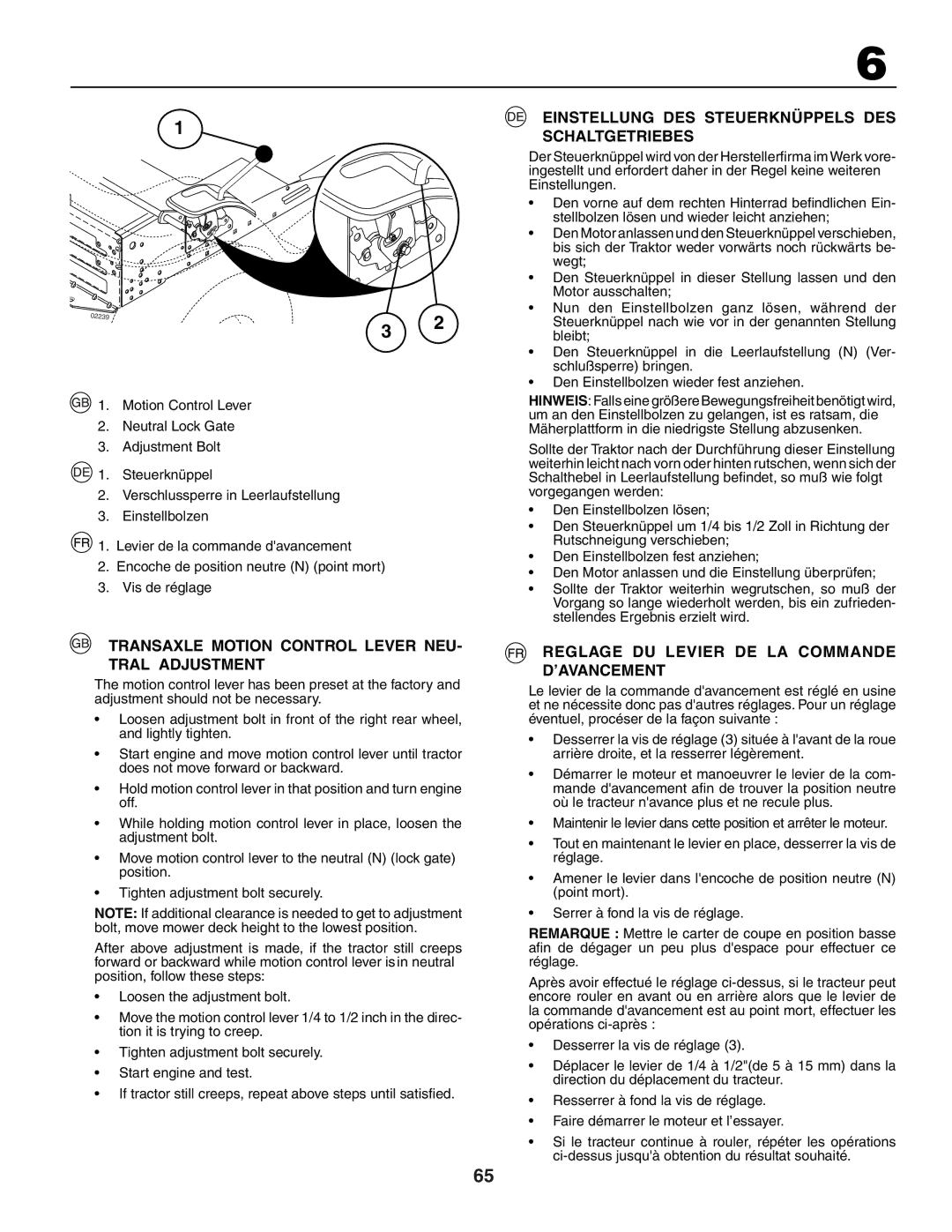 Husqvarna LTH151 Transaxle Motion Control Lever NEU- Tral Adjustment, Einstellung DES Steuerknüppels DES Schaltgetriebes 