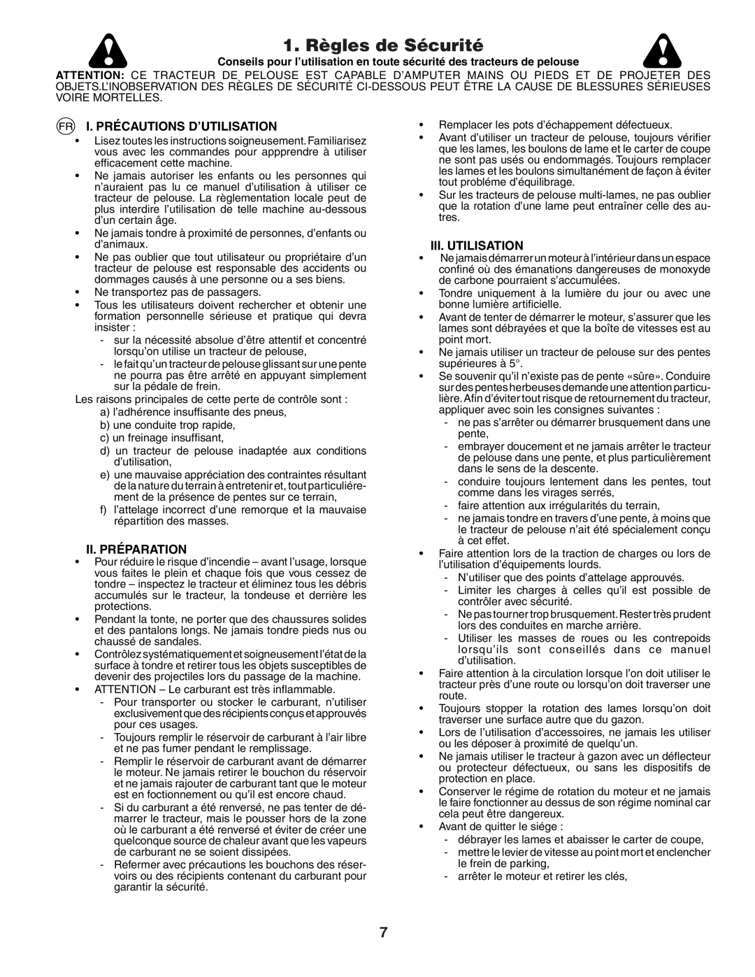 Husqvarna LTH151 instruction manual Règles de Sécurité, Précautions D’UTILISATION, II. Préparation, III. Utilisation 