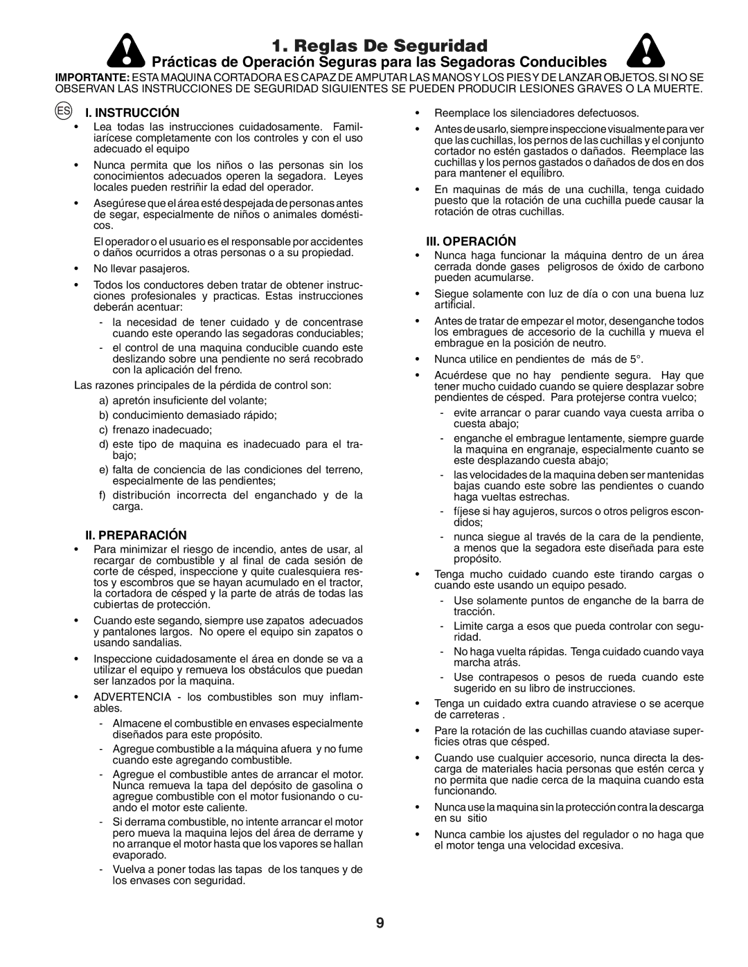 Husqvarna LTH151 instruction manual Reglas De Seguridad, Instrucción, II. Preparación, III. Operación 