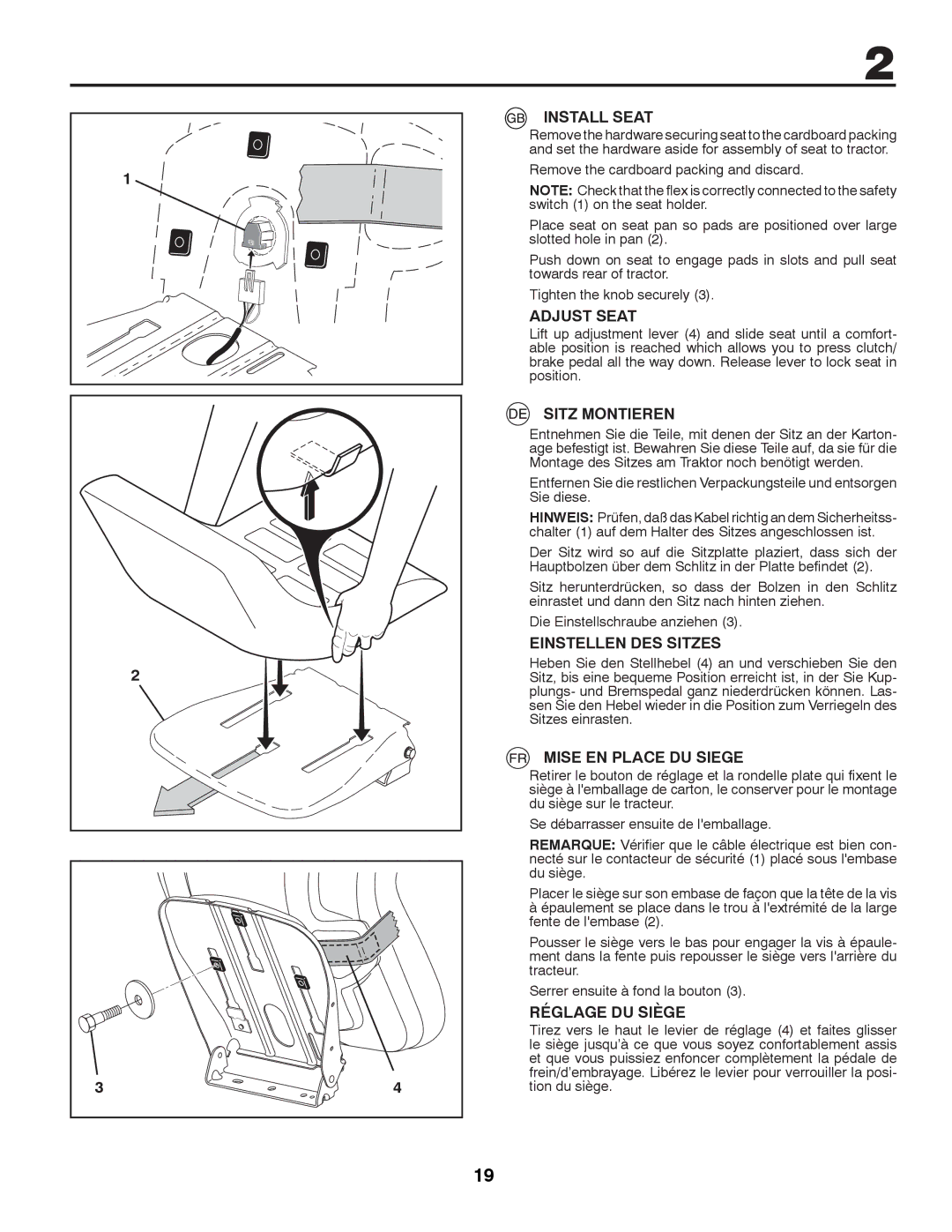 Husqvarna LTH152 Install Seat, Adjust Seat, Sitz Montieren, Einstellen DES Sitzes, Mise EN Place DU Siege 