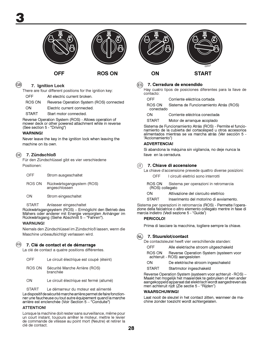 Husqvarna LTH152 instruction manual Ignition Lock, Zündschloß, Warnung 