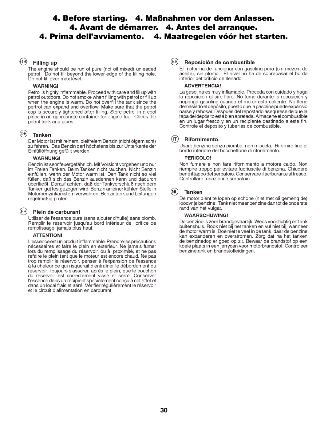 Husqvarna LTH152 instruction manual Filling up, Reposición de combustible, Tanken, Plein de carburant, Rifornimento 