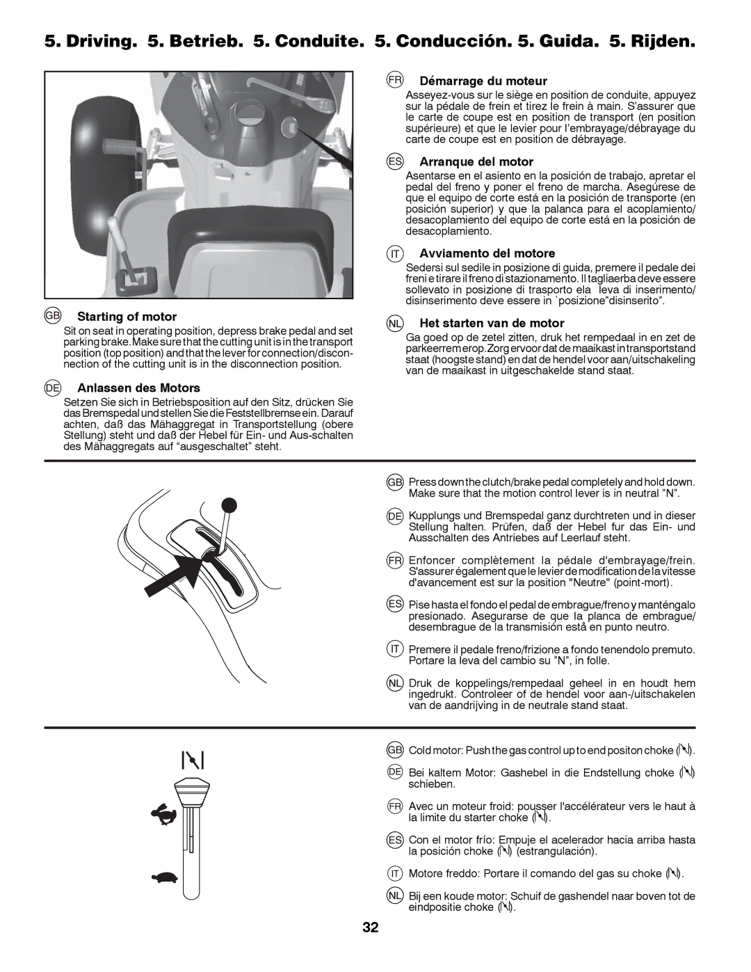 Husqvarna LTH152 instruction manual Driving . Betrieb . Conduite . Conducción . Guida . Rijden, Démarrage du moteur 