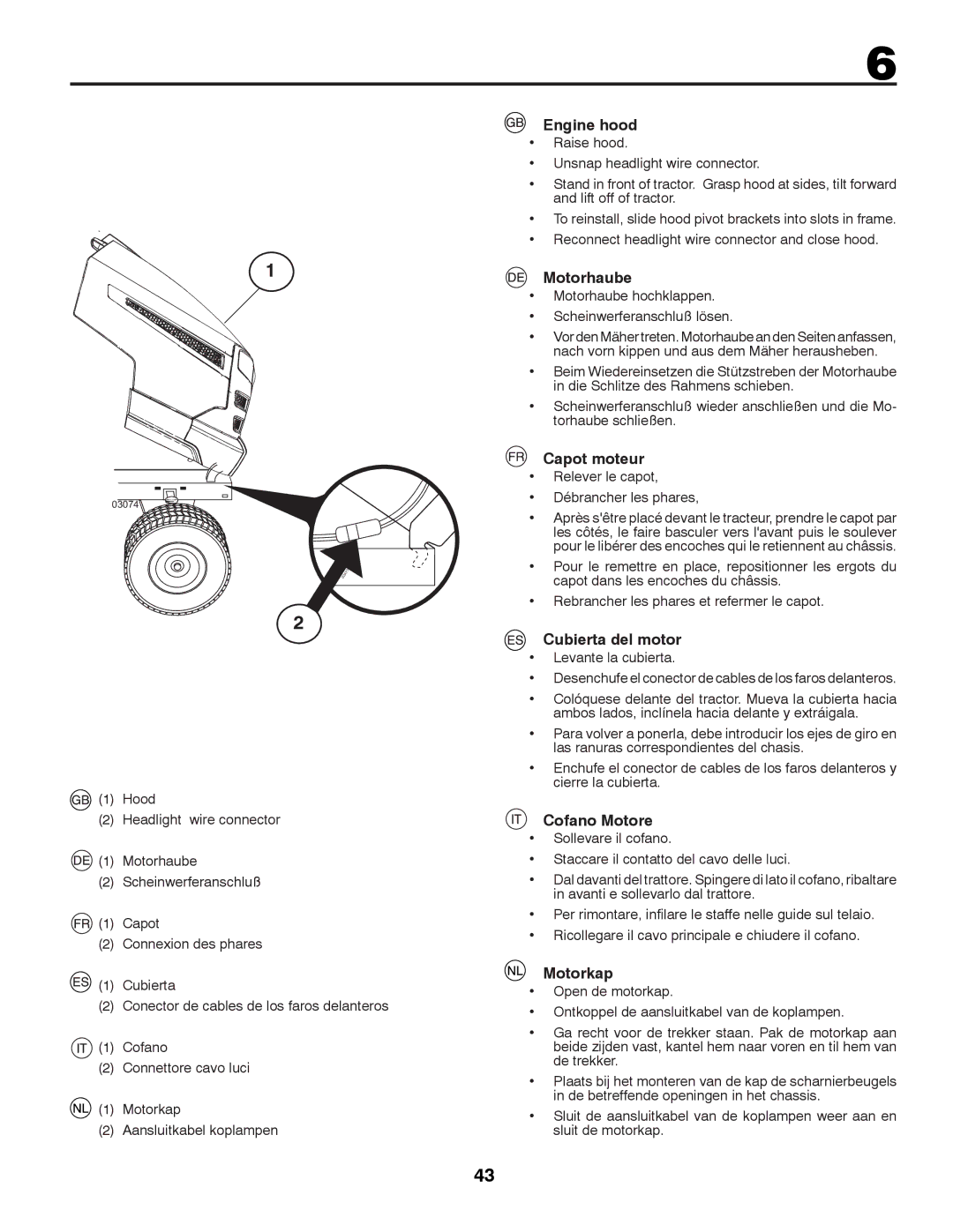 Husqvarna LTH152 instruction manual Engine hood, Motorhaube, Capot moteur, Cubierta del motor, Cofano Motore, Motorkap 