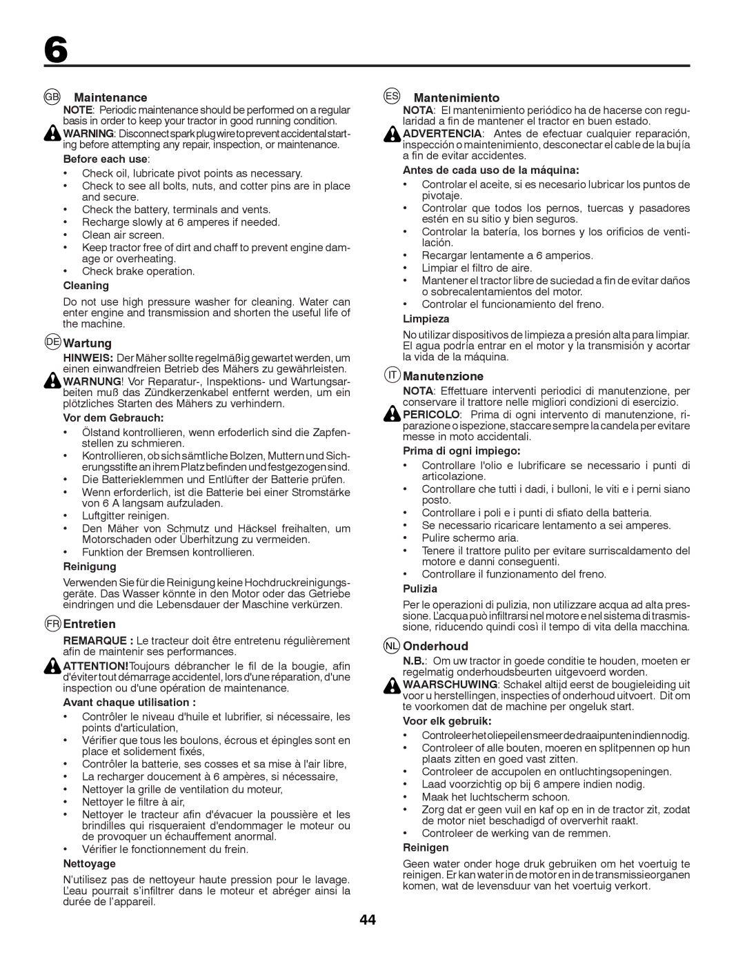 Husqvarna LTH152 instruction manual Maintenance, Wartung, Entretien, Mantenimiento, Manutenzione, Onderhoud 