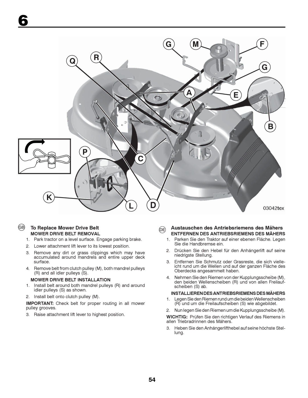 Husqvarna LTH152 instruction manual To Replace Mower Drive Belt, Austauschen des Antriebsriemens des Mähers 