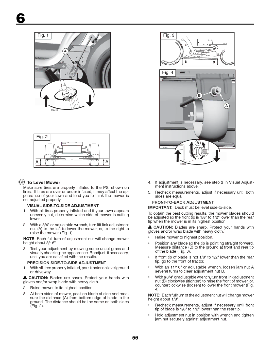 Husqvarna LTH152 instruction manual To Level Mower, Visual SIDE-TO-SIDE Adjustment, Precision SIDE-TO-SIDE Adjustment 