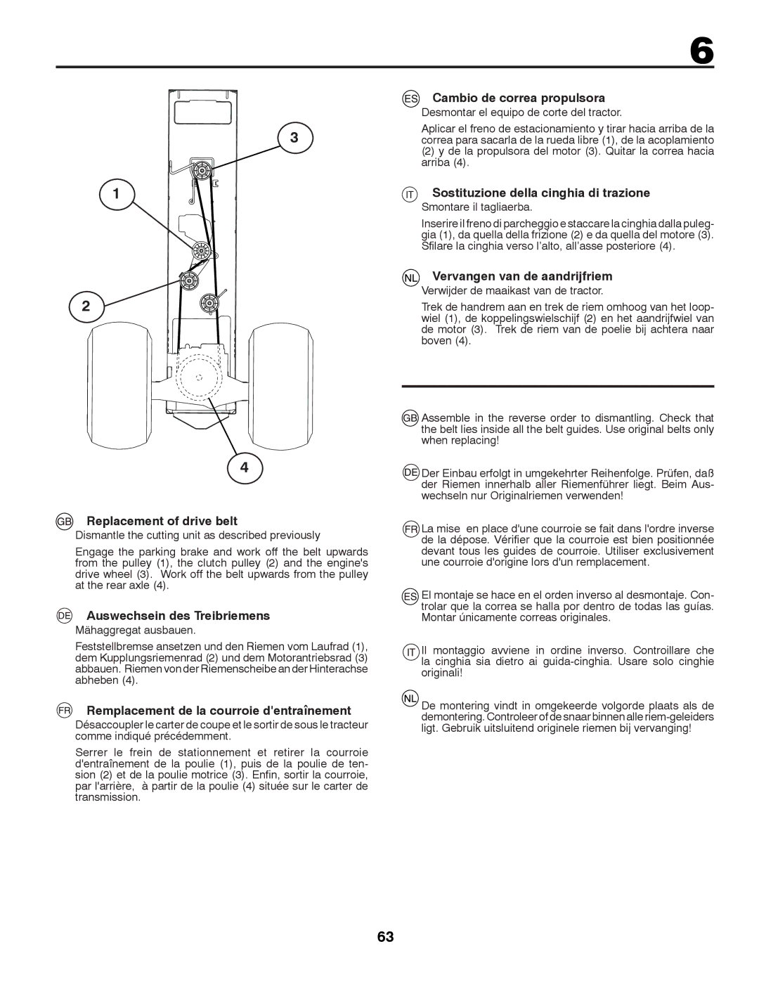 Husqvarna LTH152 Replacement of drive belt, Auswechsein des Treibriemens, Remplacement de la courroie dentraînement 