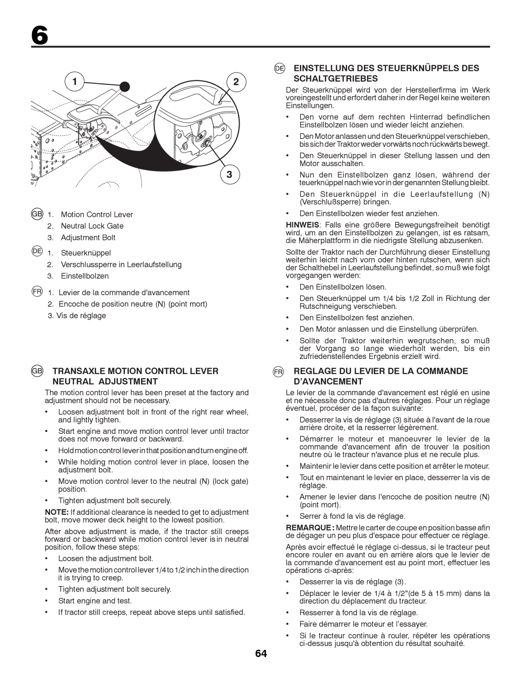 Husqvarna LTH152 Transaxle Motion Control Lever Neutral Adjustment, Einstellung DES Steuerknüppels DES Schaltgetriebes 