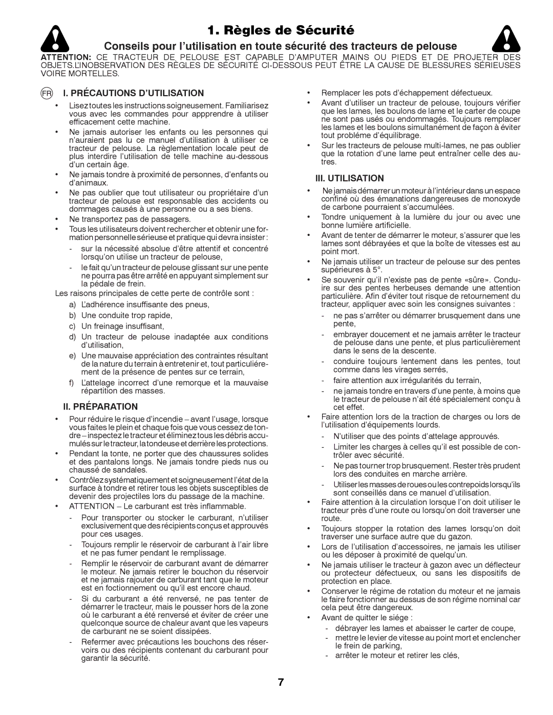 Husqvarna LTH152 instruction manual Règles de Sécurité, Précautions D’UTILISATION, II. Préparation, III. Utilisation 