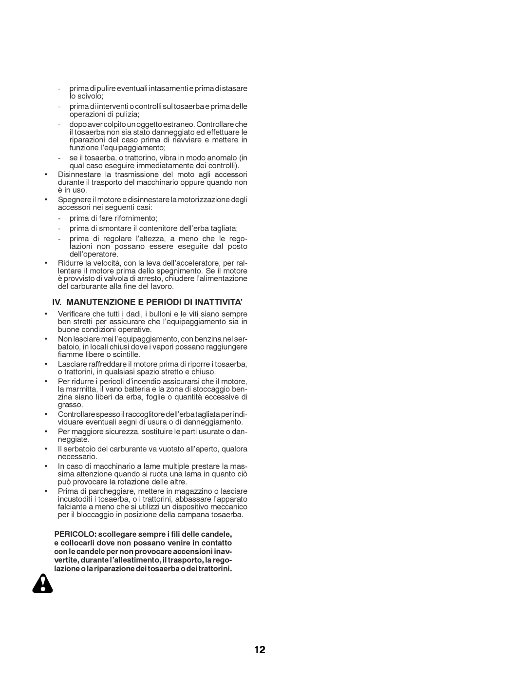 Husqvarna LTH152 instruction manual Iv. Manutenzione E Periodi Di Inattivita’ 