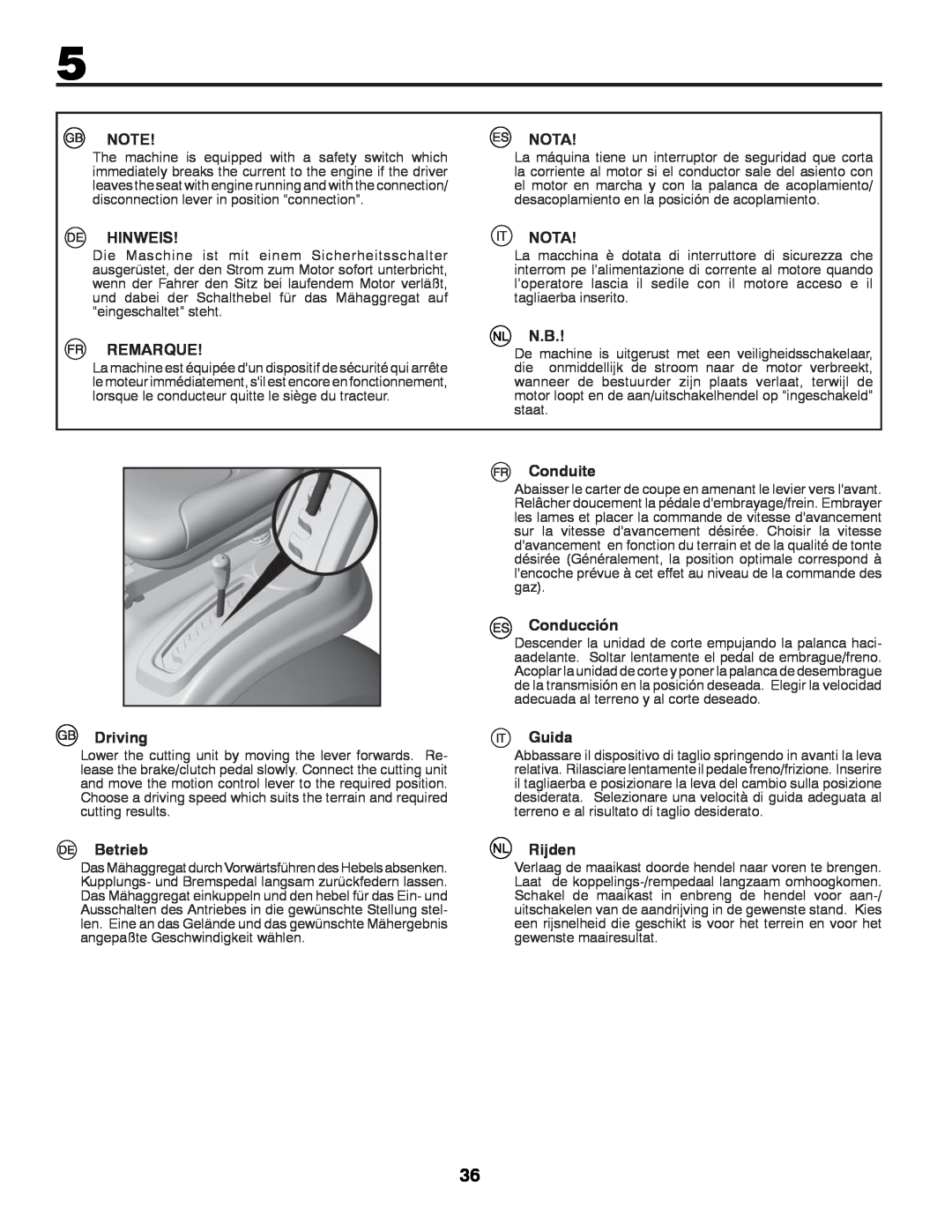 Husqvarna LTH152 instruction manual Hinweis, Remarque, Nota, Driving, Betrieb, Conduite, Conducción, Guida, Rijden 