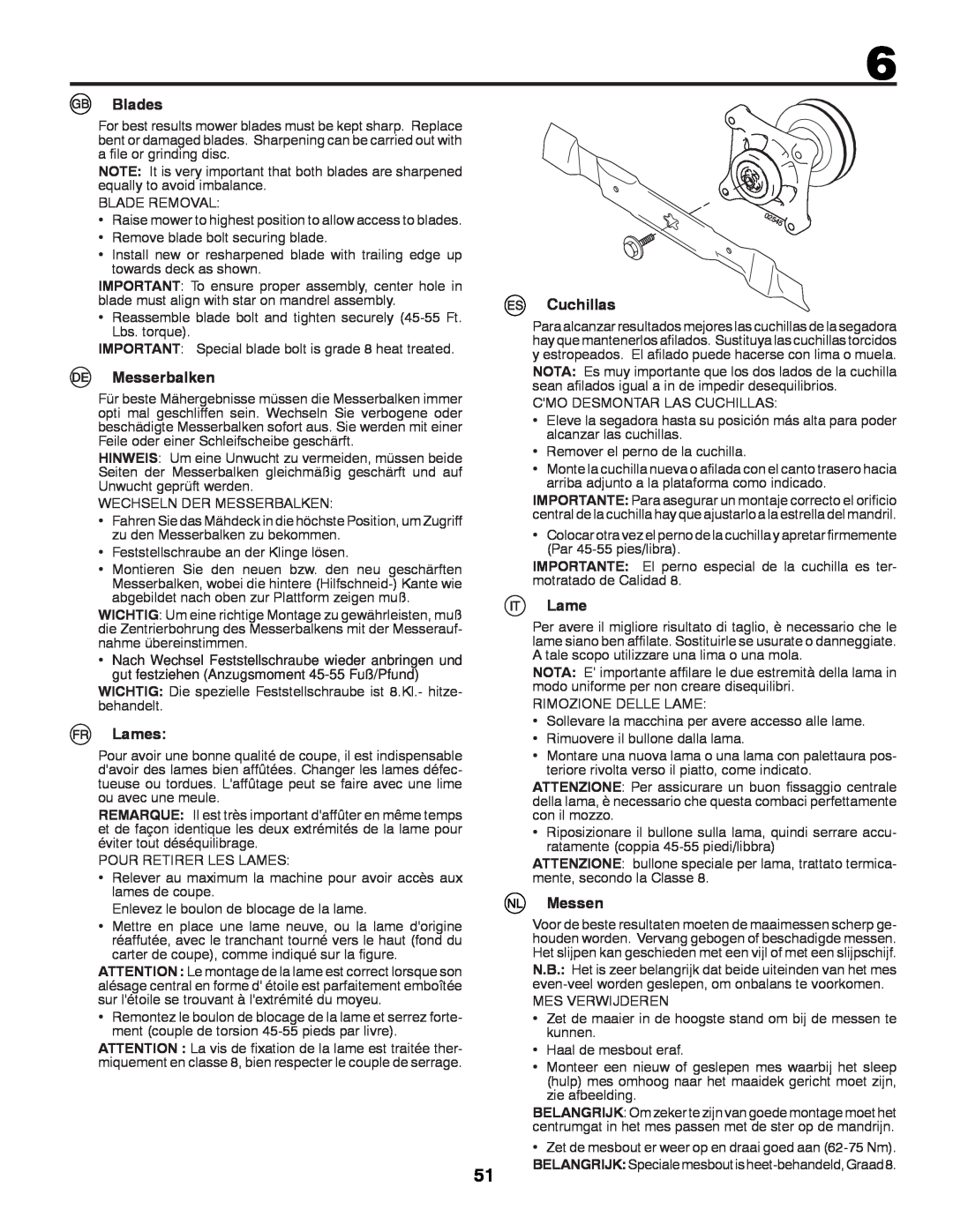 Husqvarna LTH152 instruction manual Blades, Messerbalken, Lames, Cuchillas, Messen 