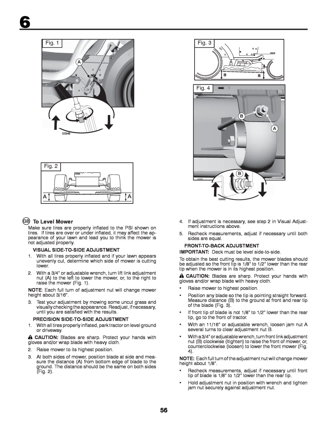 Husqvarna LTH152 instruction manual To Level Mower, Visual Side-To-Side Adjustment, Precision Side-To-Side Adjustment 