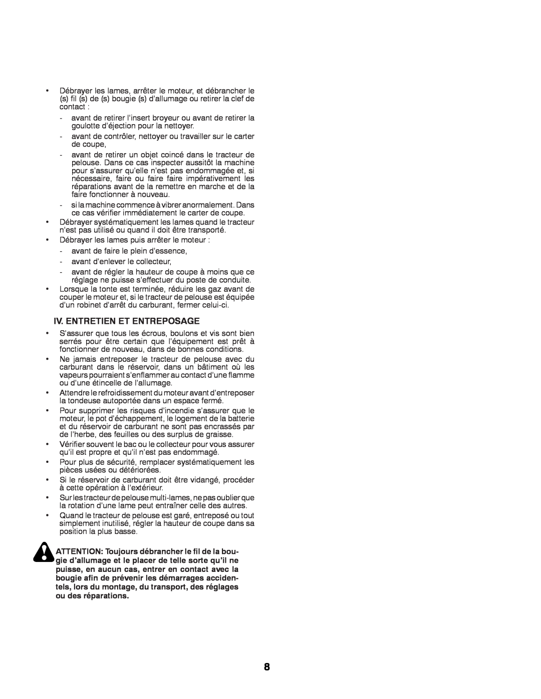 Husqvarna LTH152 instruction manual Iv. Entretien Et Entreposage 