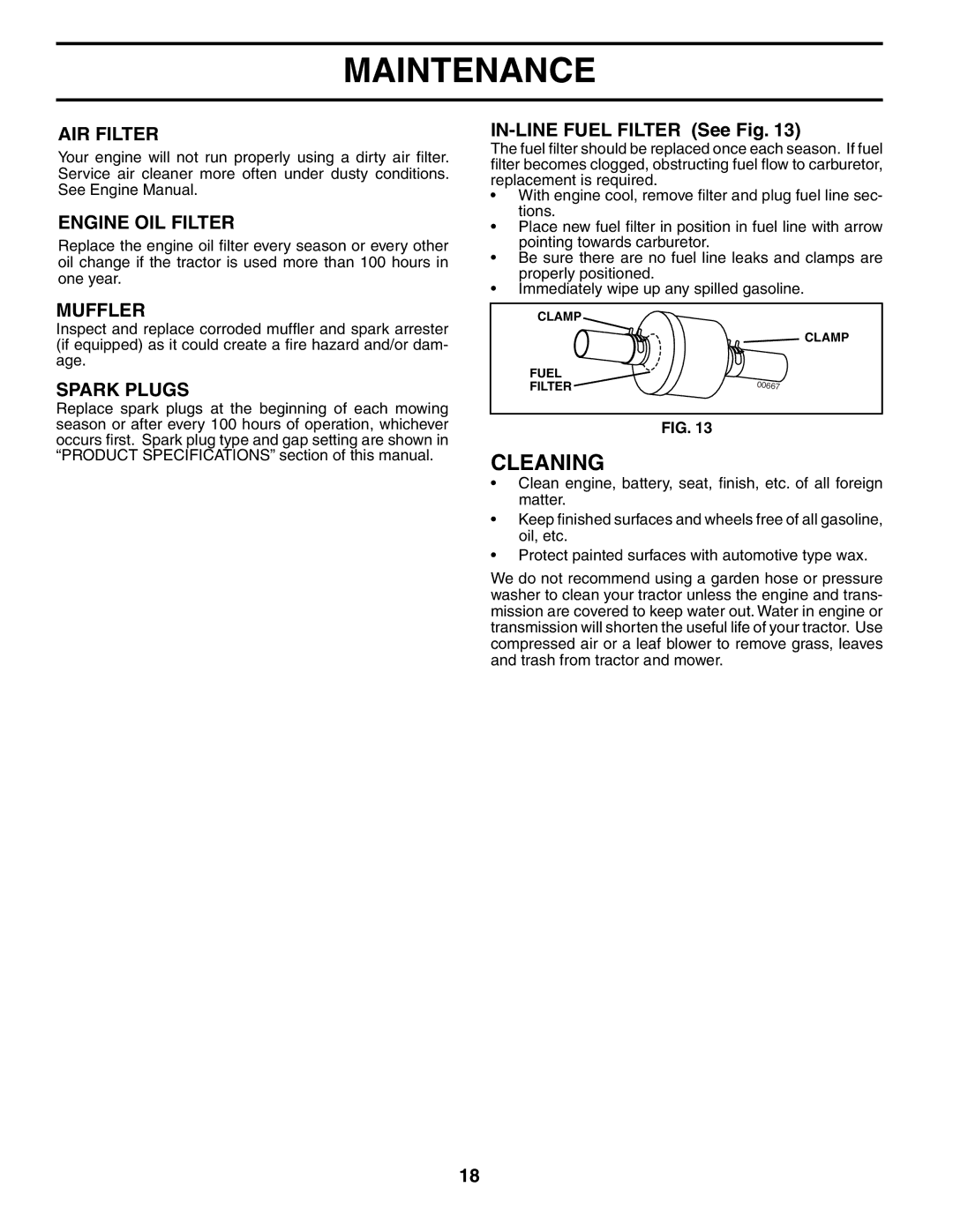 Husqvarna LTH1536 owner manual Cleaning, AIR Filter, Engine OIL Filter, Muffler, Spark Plugs 