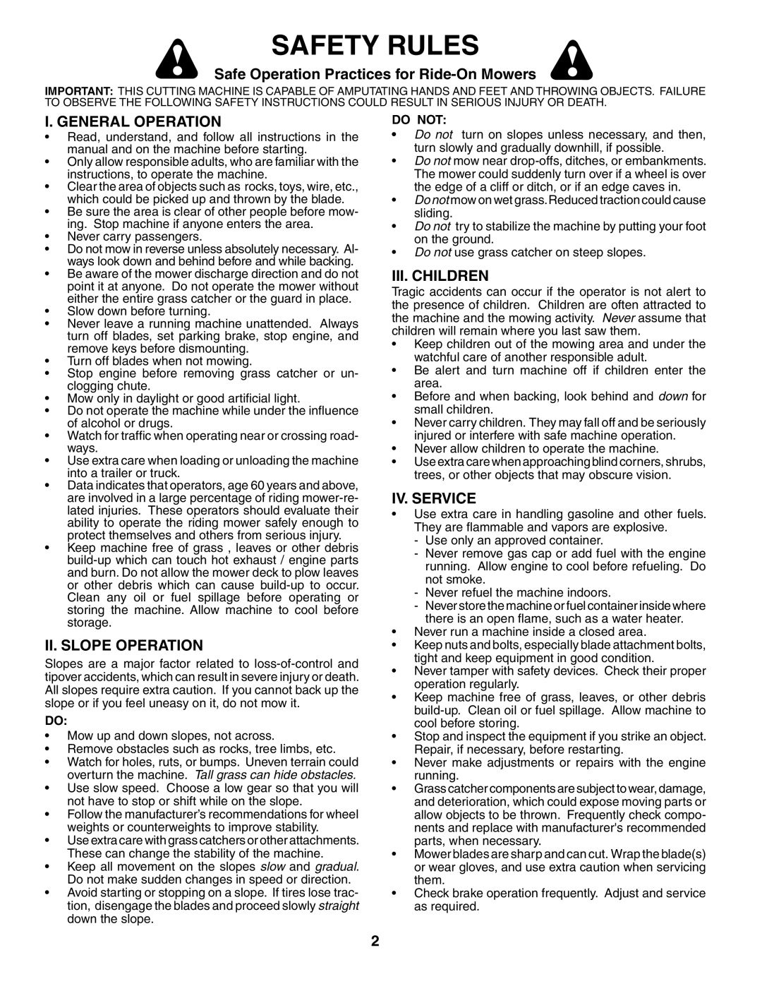 Husqvarna LTH1536 owner manual Safety Rules, General Operation, II. Slope Operation, III. Children, IV. Service 