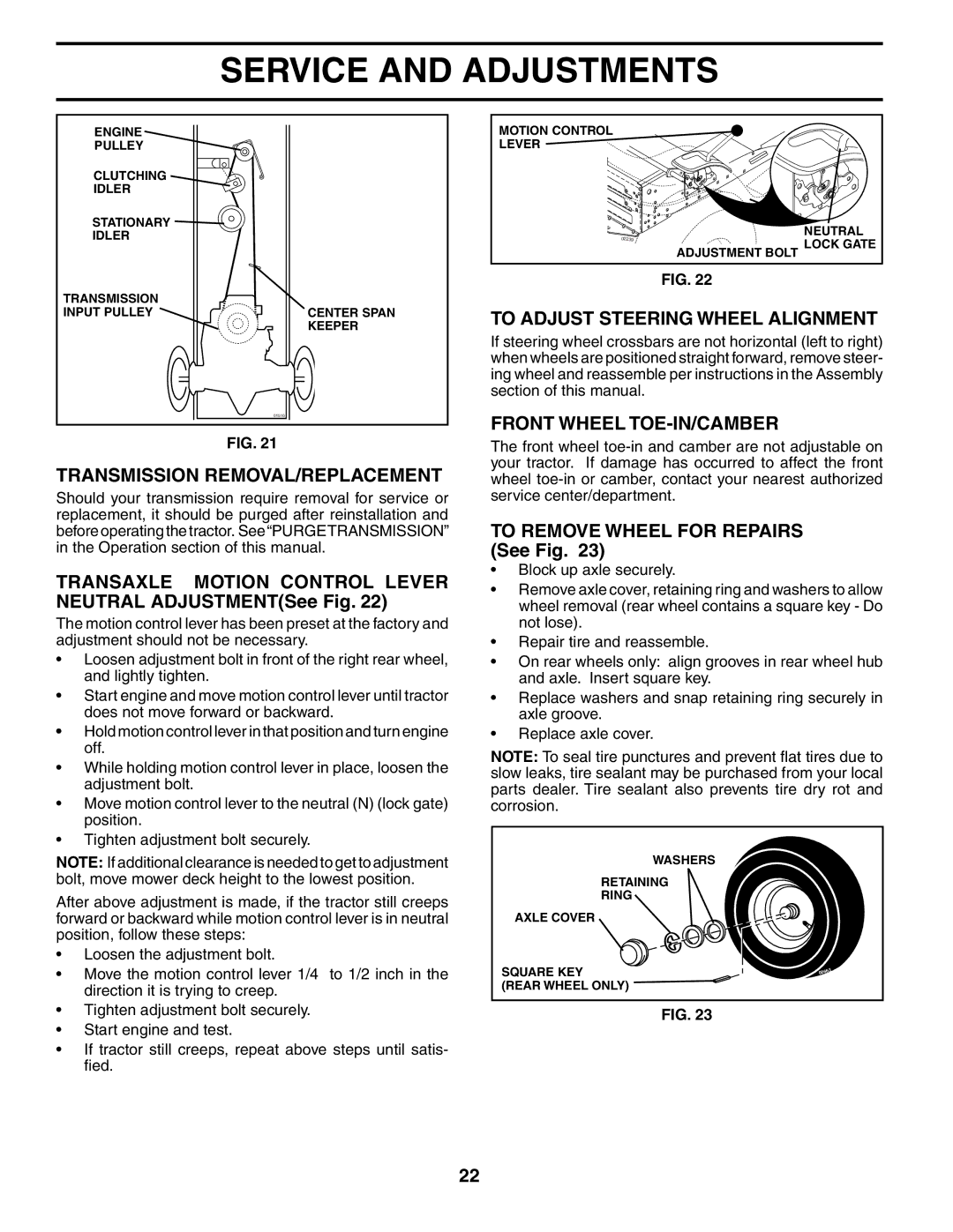 Husqvarna LTH1536 owner manual Transmission REMOVAL/REPLACEMENT, Transaxle Motion Control Lever Neutral ADJUSTMENTSee Fig 