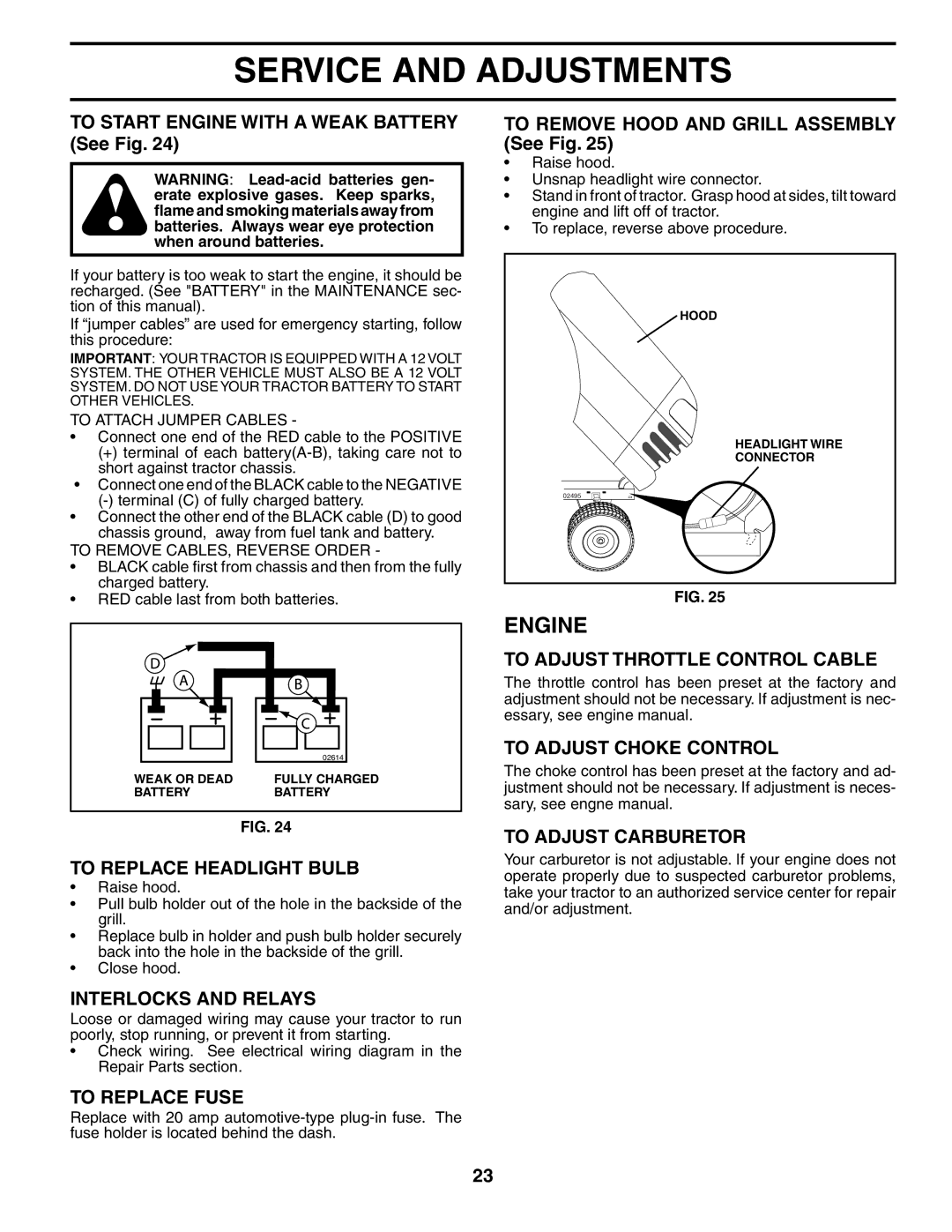 Husqvarna LTH1536 To Replace Headlight Bulb, Interlocks and Relays, To Replace Fuse, To Adjust Throttle Control Cable 