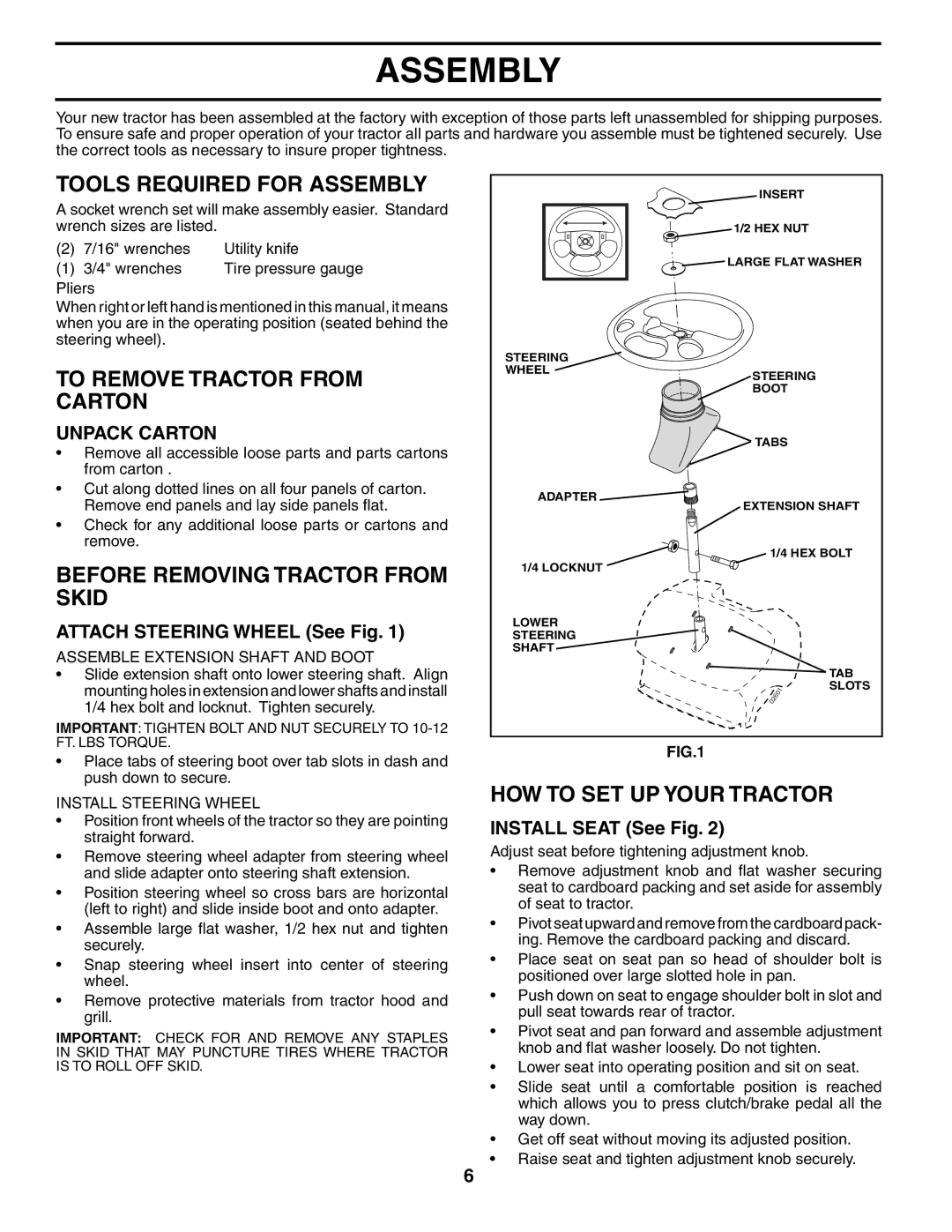 Husqvarna LTH1536 Tools Required for Assembly, To Remove Tractor from Carton, Before Removing Tractor from Skid 