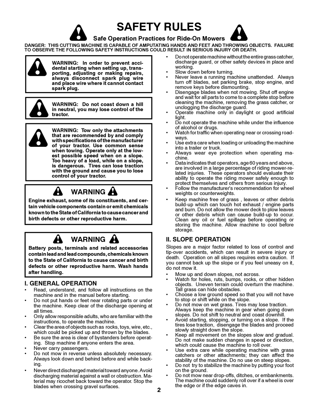 Husqvarna LTH1538 Safety Rules, Safe Operation Practices for Ride-On Mowers, General Operation, II. Slope Operation 