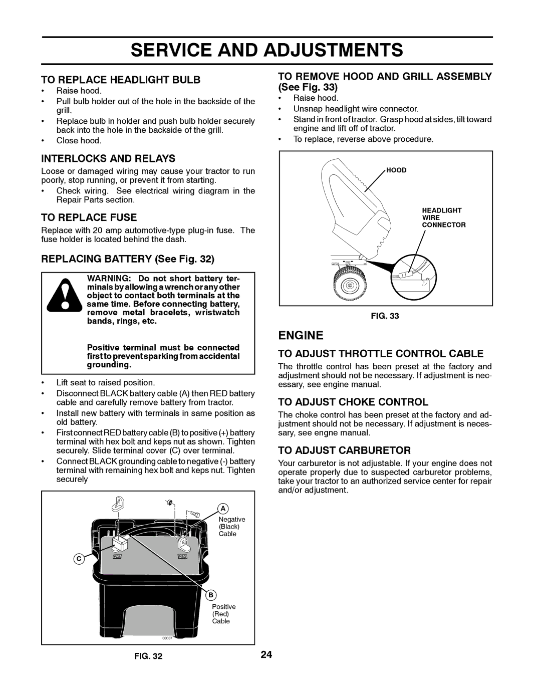 Husqvarna LTH1538 To Replace Headlight Bulb, Interlocks and Relays, To Replace Fuse, To Adjust Throttle Control Cable 