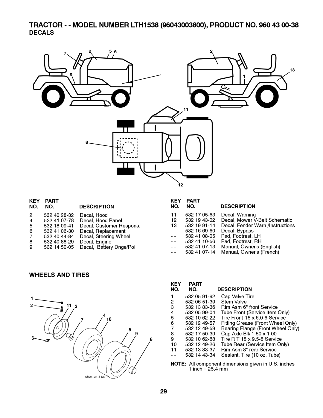 Husqvarna LTH1538 owner manual Decals, Wheels and Tires, KEY Part Description 