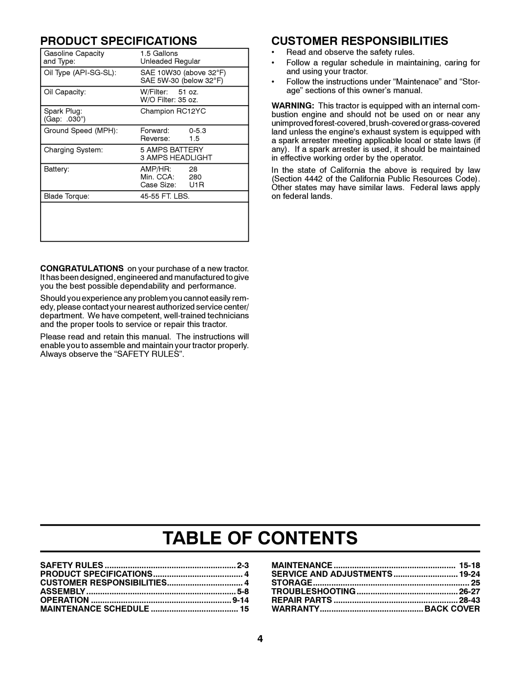 Husqvarna LTH1538 owner manual Table of Contents 