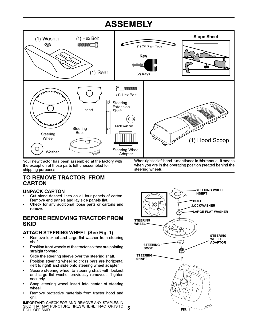 Husqvarna LTH1538 owner manual Assembly, To Remove Tractor from Carton, Before Removing Tractor from Skid, Unpack Carton 