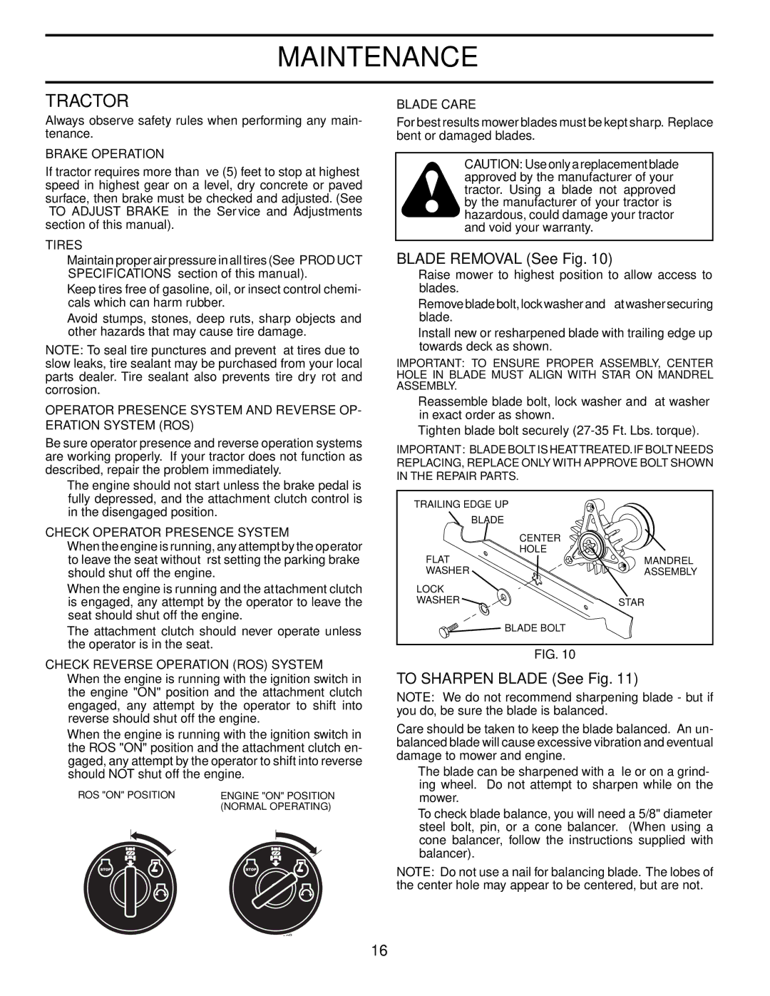 Husqvarna LTH1542 owner manual Tractor, Blade Removal See Fig, To Sharpen Blade See Fig 