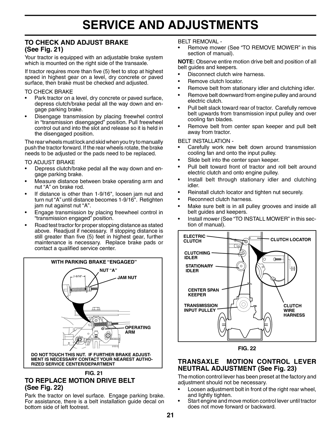 Husqvarna LTH1542 To Check and Adjust Brake See Fig, To Replace Motion Drive Belt See Fig, To Check Brake, To Adjust Brake 