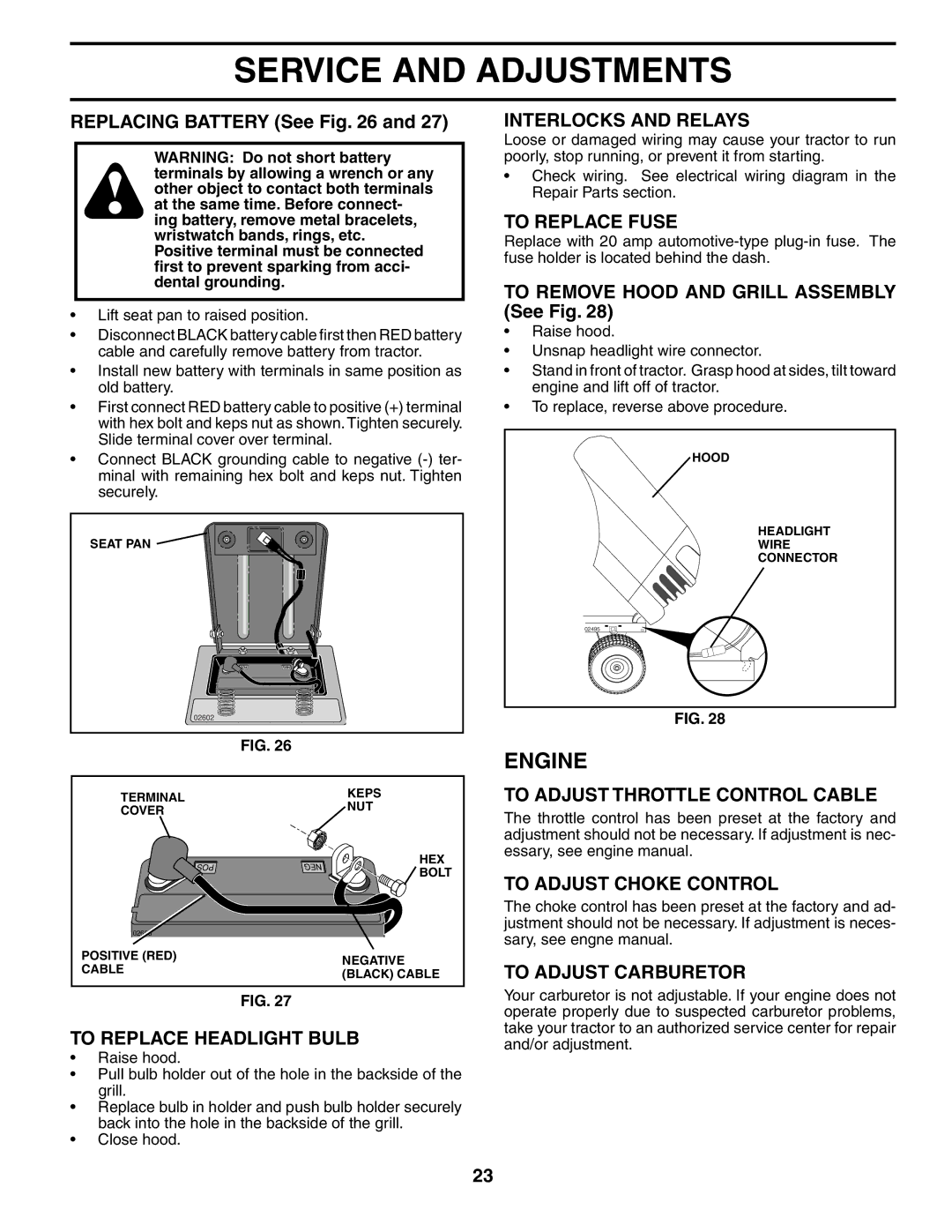 Husqvarna LTH1542 To Replace Headlight Bulb, Interlocks and Relays, To Replace Fuse, To Adjust Throttle Control Cable 