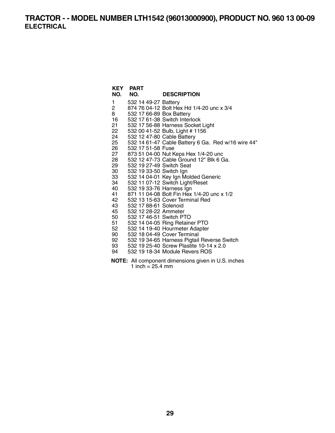 Husqvarna LTH1542 owner manual KEY Part NO. NO. Description 