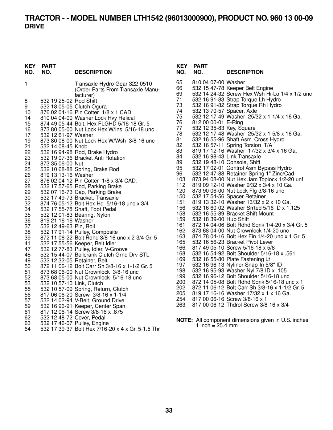 Husqvarna owner manual Tractor - Model Number LTH1542 96013000900, Product no 13 