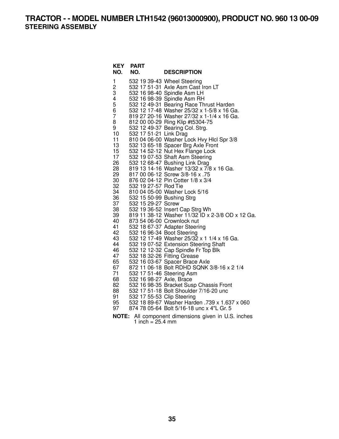 Husqvarna owner manual Tractor - Model Number LTH1542 96013000900, Product no 13 