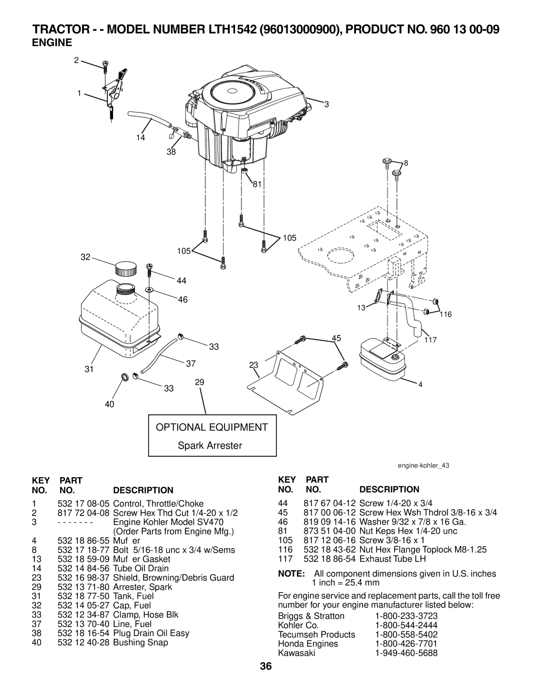 Husqvarna LTH1542 owner manual Engine, Optional Equipment 