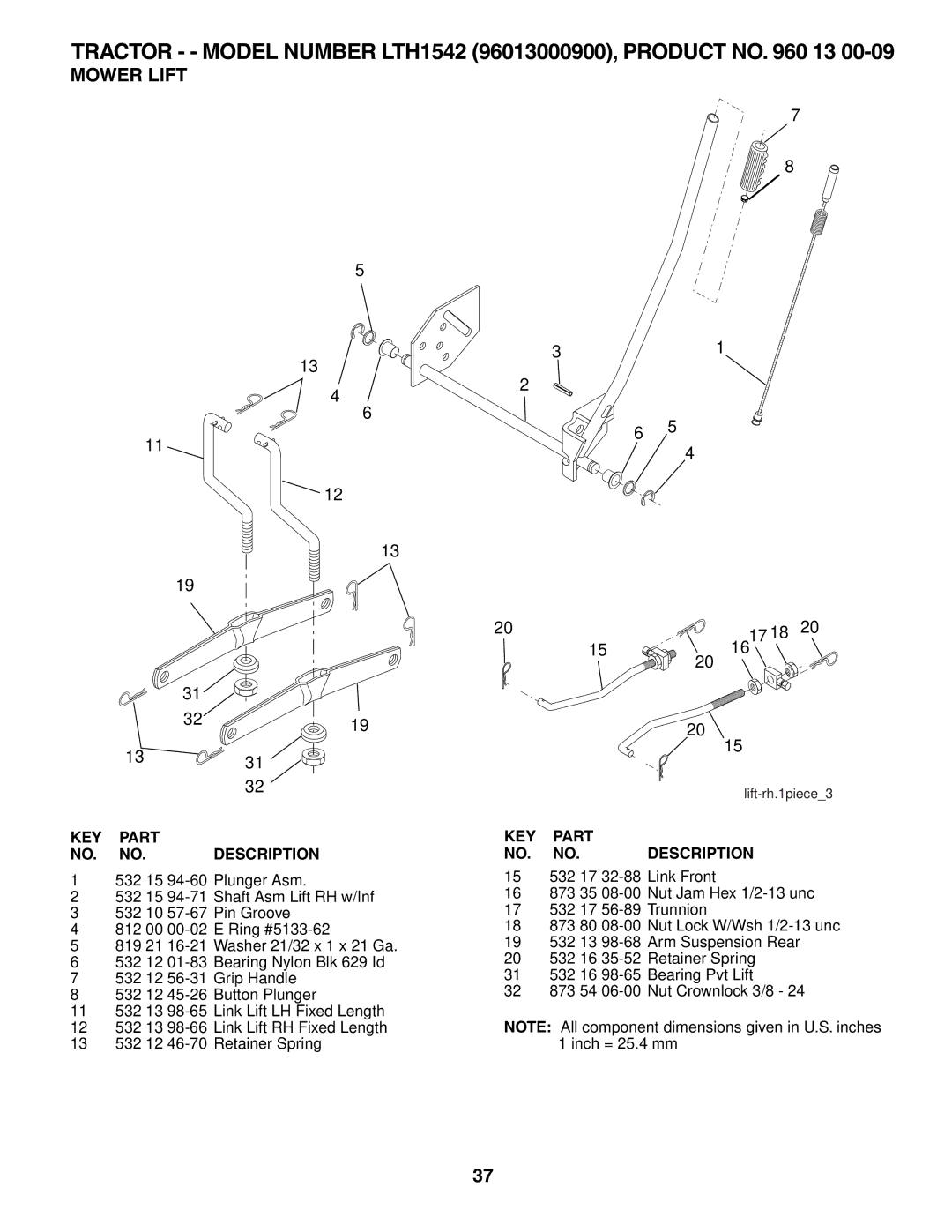 Husqvarna LTH1542 owner manual Mower Lift 