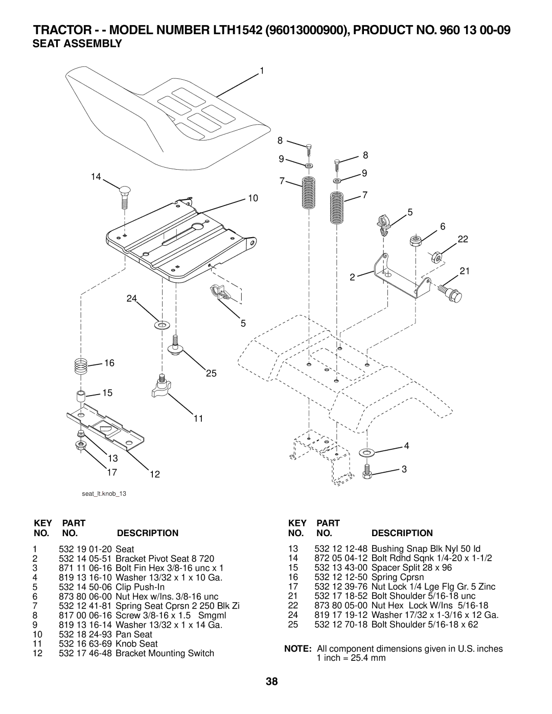 Husqvarna LTH1542 owner manual Seat Assembly 