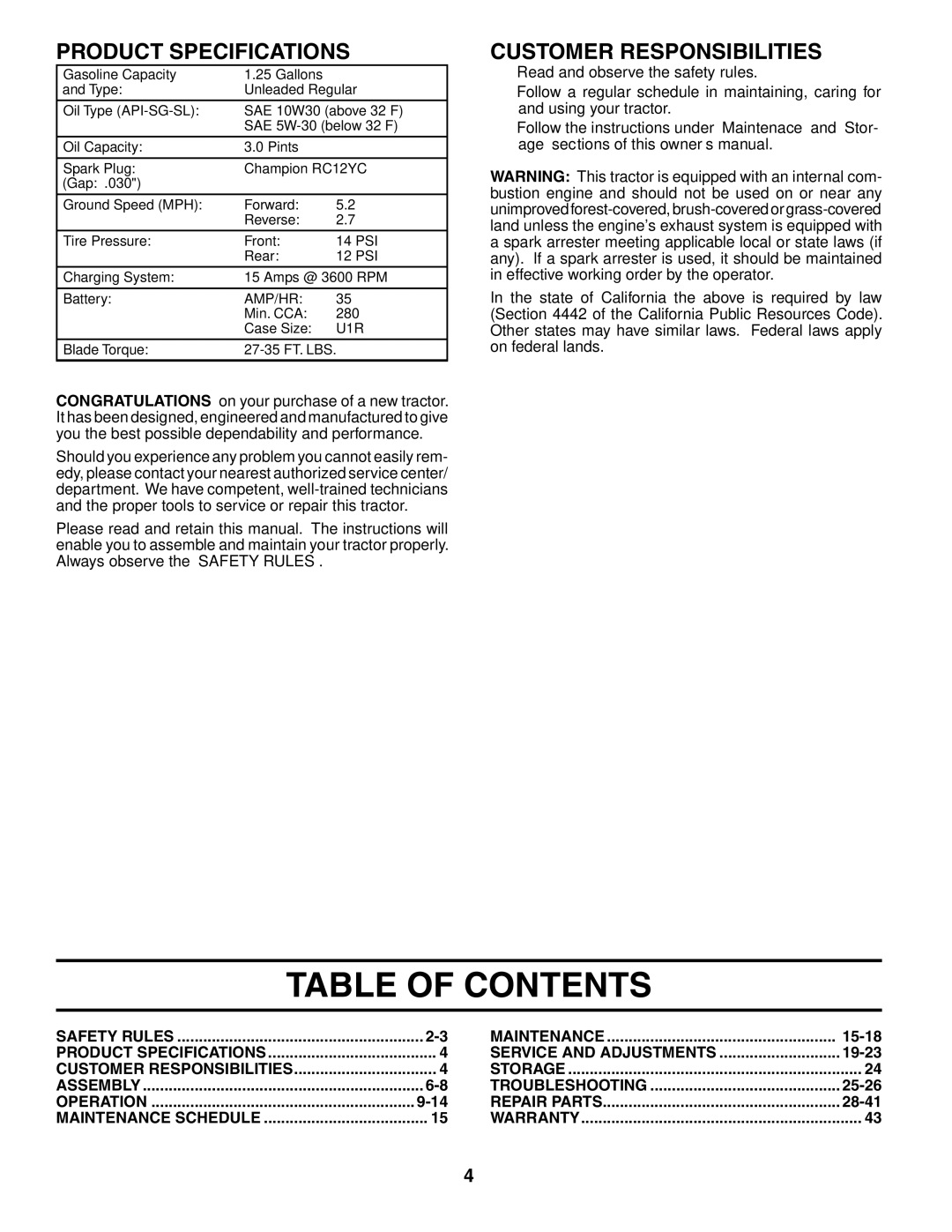 Husqvarna LTH1542 owner manual Table of Contents 