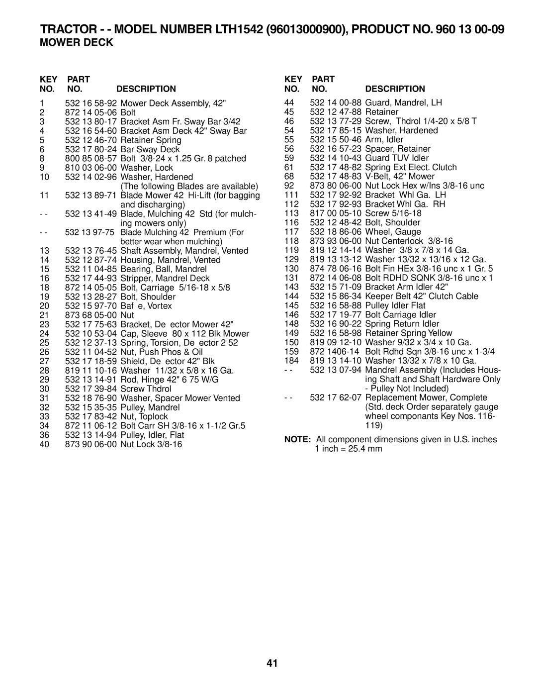 Husqvarna owner manual Tractor - Model Number LTH1542 96013000900, Product no 13 