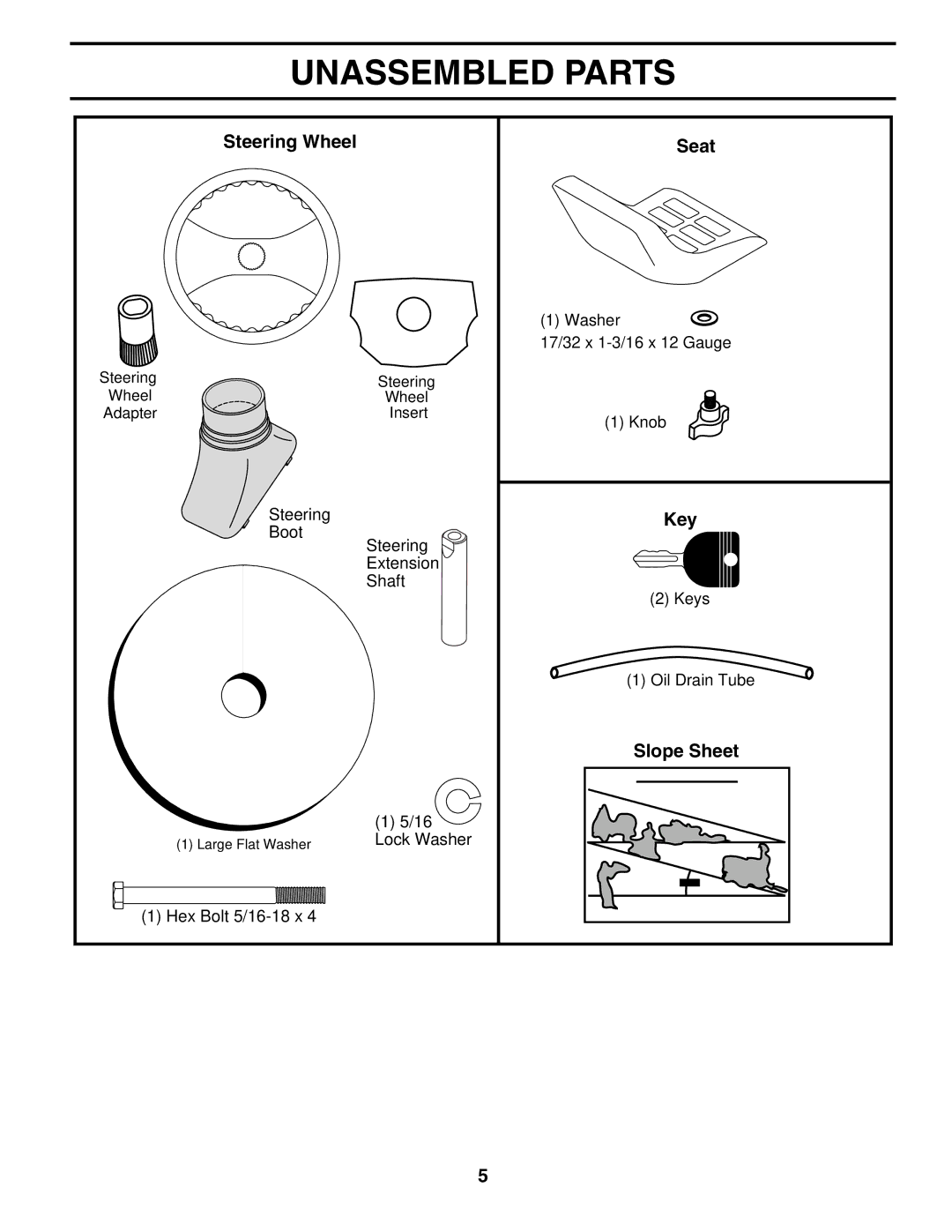 Husqvarna LTH1542 owner manual Unassembled Parts, Steering Wheel Seat, Slope Sheet 