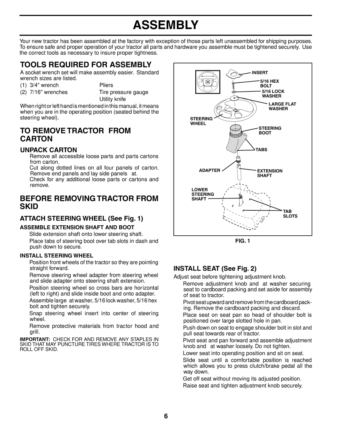 Husqvarna LTH1542 Tools Required for Assembly, To Remove Tractor from Carton, Before Removing Tractor from Skid 