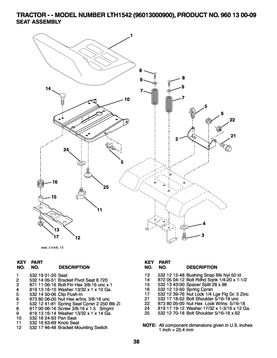 Husqvarna Seat Assembly, TRACTOR - - MODEL NUMBER LTH1542 96013000900, PRODUCT NO. 960, Key Part No. No. Description 