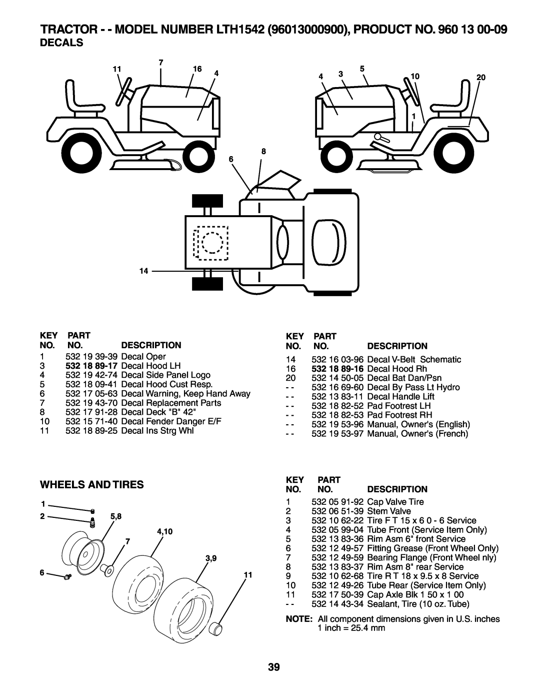 Husqvarna owner manual Decals, Wheels And Tires, TRACTOR - - MODEL NUMBER LTH1542 96013000900, PRODUCT NO. 960 13 