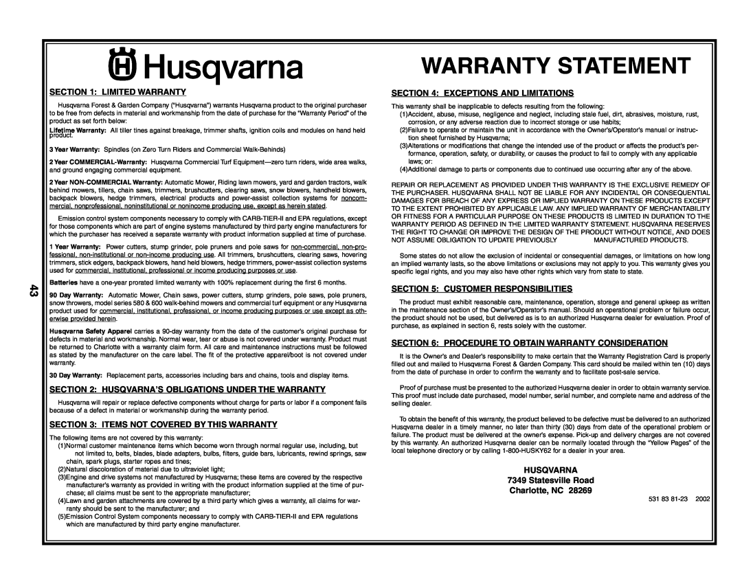 Husqvarna LTH1542 owner manual Warranty Statement, Limited Warranty, Husqvarna’S Obligations Under The Warranty 